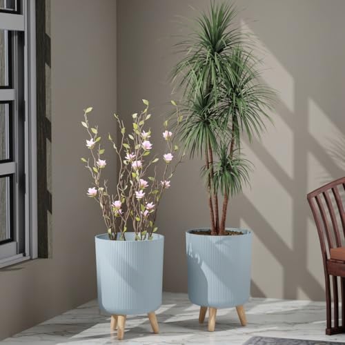 Image of StyleX Store Modern Flower Pot with Plastic Legs | Indoor Outdoor Planter for Home Garden Balcony Decor Ribbed Design Sturdy Plastic Mid-Century Style (Dusty Blue Pack of 2)