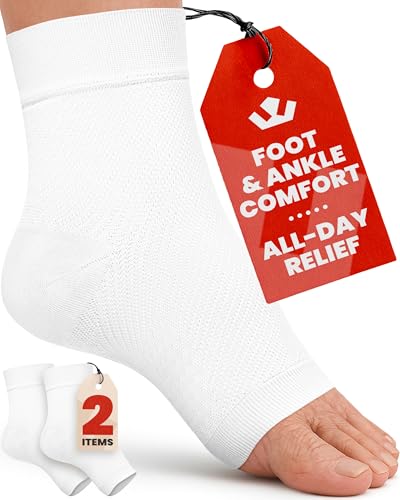 Image of KEMFORD Ankle Compression Sleeve - 1-Pair, Plantar Fasciitis Braces - Open Toe Compression Socks for Swelling, Sprain, Neuropathy, Foot Arch Support for Men and Women - 20-30mmhg, L, White