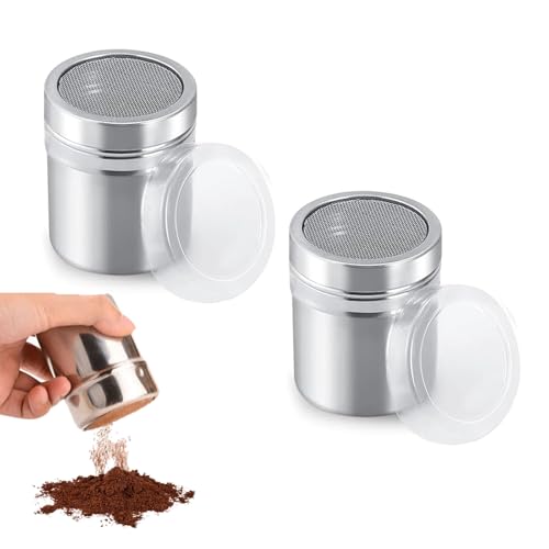 2Pcs Flour Sugar Salt Shaker, Icing Sugar Shaker, 2.8 x 1.9 inches, Chocolate Shaker, Stainless Steel Coffee Shaker, for Kitchen, Camping, Restaurant Craft, Flour Salt Coffee Sugar Icing Powder Duster