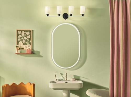 Image of Kichler Gioe 4-Light Bathroom Vanity Light Fixture with Opal Glass in Black, Modern Wall Mount Over Mirror Lighting for Powder Room (32.25 inch W x 10.5 inch H), 55227BK