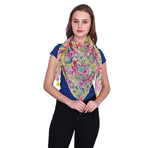 Image of POPWINGS Casual Yellow Printed Chiffon Scarf with pom-pom work