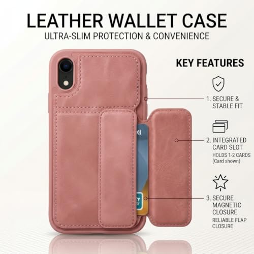 Image of amazon basics Luxury Vegan Leather Back Cover for iPhone XR | Built-in Card Holder Slot | Integrated Mobile Stand | Slim Shockproof Protective Case with Stitched Finish - Pink