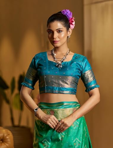 Image of MADHUHANSH Women's Cotton Linen Saree with Unstitched Blouse Piece and Solid Pattern | Mithila Painting Saree | Saree for Haldi Ceremony