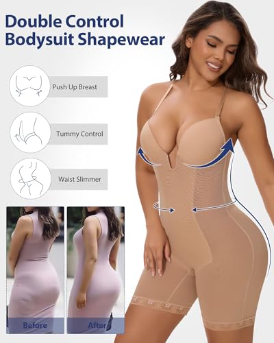 Image of SHAPERIN Backless Shapewear Strapless Bodysuit Bra Fajas U Plunge Tummy Control Low Back Full Body Shaper Corset for Women