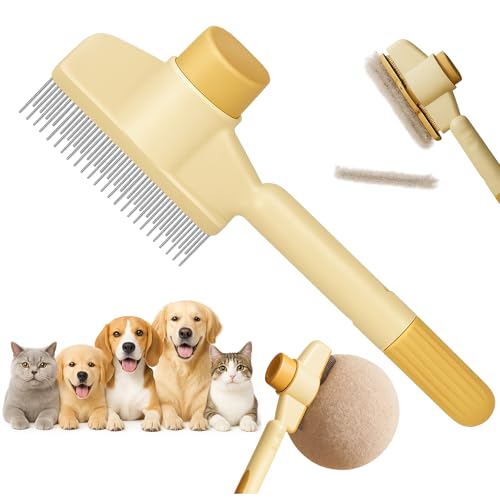Self-Cleaning Cat and Dog Comb – 2-in-1 Pet Hair Removal and Flea Comb with Stainless Steel Teeth and One-touch Release Button, Suitable for Hair Removal, Detangling, and Grooming Yellow