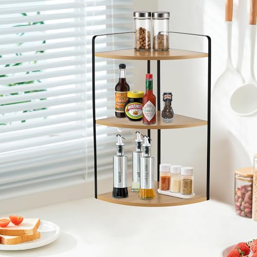 Image of 3 Tier Corner Bathroom Counter Organizer, Countertop Organizer, Makeup Organizer Countertop, Bathroom Storage Sink Shelf, Wooden and Metal Counter Shelf (Large Capacity-Rustic Walnut)