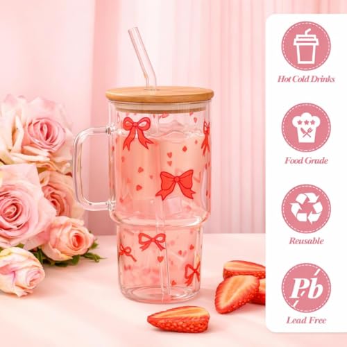 Image of Bow Glass Tumbler with Handle & Lid 1000ml | Iced Coffee Cup with Straw | Reusable Glass Mug for Cold & Hot Drinks Bow Design Iced Coffee Cup for Smoothies, Tea, Juice & Travel