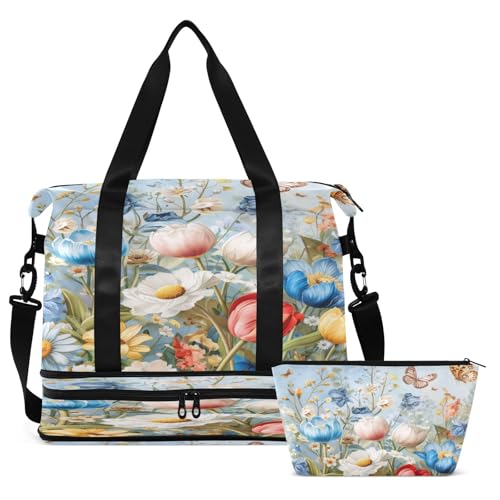 Spring Vivid Flowers Gym Bag for Women Sport Travel Duffel Bag Shoulder Weekender Overnight Bags with Wet Pocket & Shoe Compartment2