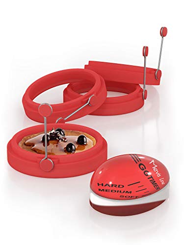 4 Egg Rings and Egg Timer Set, Red Pancake Molds Made of Food-Grade