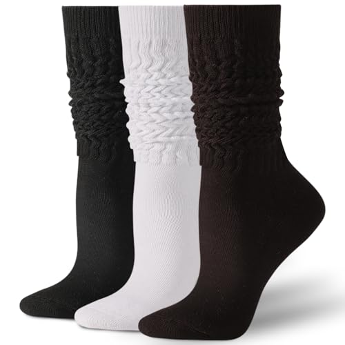 Image of Pleneal 3 Pairs Slouch Socks for Women Long Slouchy Scrunch Socks, Knit Chunky Boot Sock,Black&White&Coffee