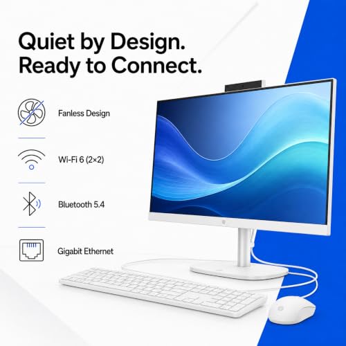 Image of HP OmniStudio 24 inch All-in-One Desktop, Intel N150 Processor, 8GB DDR5 | 128GB UFS Storage, FHD Non-Touch, Wi-Fi 6, Bluetooth 5.4, 1080p Webcam, Keyboard & Mouse, Windows 11 Home, Cashmere White