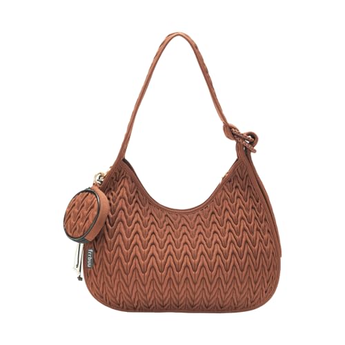 Brown Quilted Handbag Hobo - Wave Texture with Detachable Round Coin Purse & Knotted Handle, Women's Shoulder Bag Chic Everyday Organizer
