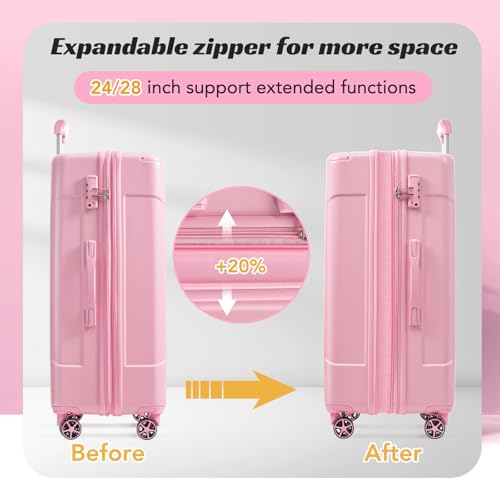 Merax 28 Inch Checked Luggage, Lightweight & Expandable Hardshell ABS Suitcase with Spinner Wheels, TSA Lock, Corner Guards (Pale Pink)4