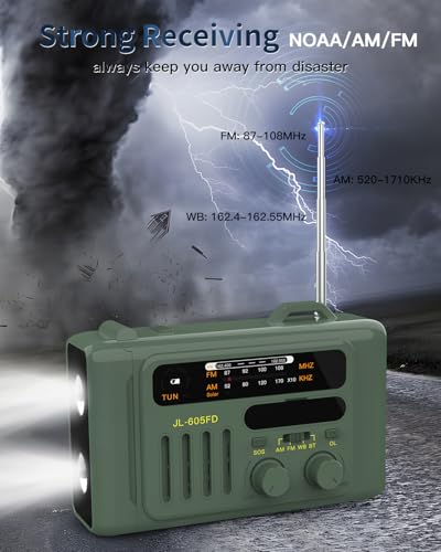 Emergency Weather Radio, 8000mAh Hand Crank Radio, Solar AM/FM/NOAA Weather Portable Radio with Flashlight, Bluetooth Speaker, SOS, Power Bank & 4 Ways Powered for Indoor Outdoor Emergencies (Green)