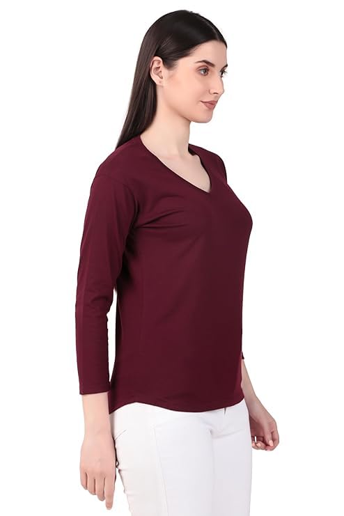 Image of Women's 3 /4 Sleeves Regular Fit V-Neck Cotton T-Shirt