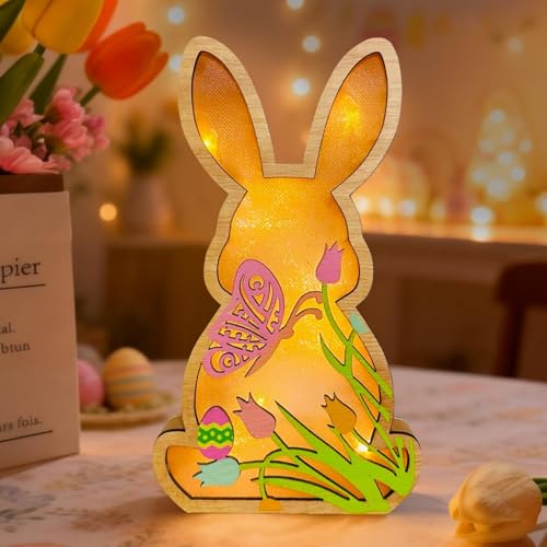 Kaezuy LED Osterhase Lampen, Modern Osterdeko Holz Hase mit LED Licht, Ostern...