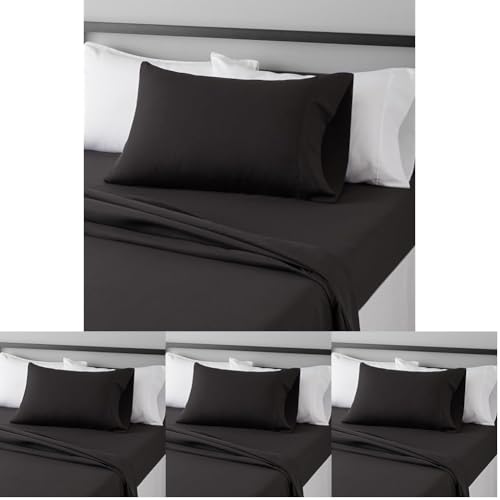 Image of Amazon Basics Lightweight Super Soft Easy Care Breathable Brushed Microfiber 3-Piece Bed Sheet Set with 14-Inch Deep Pockets,Twin XL,Black,Solid,(Pack of 4)