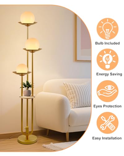 Image of Lightdot 3-Light Globe Floor Lamp with Shelf Modern Dimmable Floor Lamps for Wedding /Party, 3000K Warm White Bulbs Included, Gold Tall Standing Lamp for Living Room /Bedroom /Sofa Beside /Corner Decor
