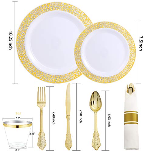 Llsf 210 Pcs Gold Plastic Plates, Disposable Dinnerware Set, Includes: 30 Dinner Plates, 30 Salad Plates, 30 Cups 9 Oz And 30 Per Rolled Napkins With Gold Cutlery, Perfect For Wedding And Party #TOP6