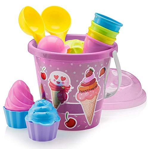 Top Race Beach Toys, Sand Toys, 16 Piece Ice Cream Mold Set for Kids 3-10 with Large 9" Beach Toy Bucket Pail for Kids and Toddlers (Pink)