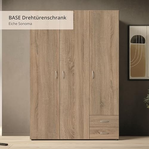 Stella Trading BASE Zeitloser Kleiderschrank in drei verschiedenen Größen - Vielseitiger Drehtürenschrank in Eiche Sonoma Optik - 120 x 177 x 52 cm (B/H/T)