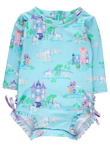 Image of RuffleButts Baby Girls UPF 50+ Sun Protection Floral Printed Long Sleeve One Piece Rash Guard Swimsuit with Zipper