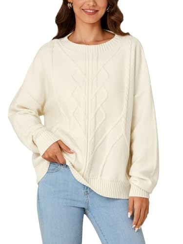 Image of LYANER Women's Cable Knit Crewneck Long Sleeve Pullover Oversize Vintage Sweater Top