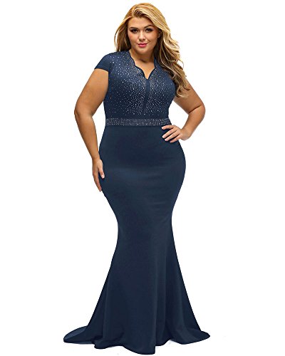 LALAGEN Women's Short Sleeve Rhinestone Plus Size Long Cocktail Evening Dress Navy XL