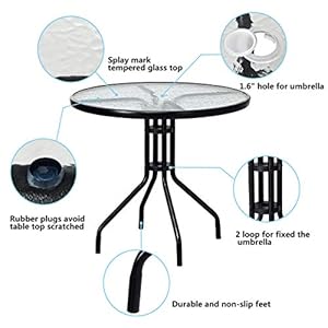 Goplus 32" Outdoor Round Patio Table with Umbrella Hole, All Weather Dining Table Tempered Glass Top, Bistro Table Coffee Table Furniture Commercial Party Event for Backyard Lawn Balcony Pool Goplus 32 Outdoor Round Patio Table with Umbrella Hole All Weather Dining Table Tempered Glass Top Bistro Table Coffee Table Furniture Commercial Party Event for Backyard Lawn Balcony Pool
