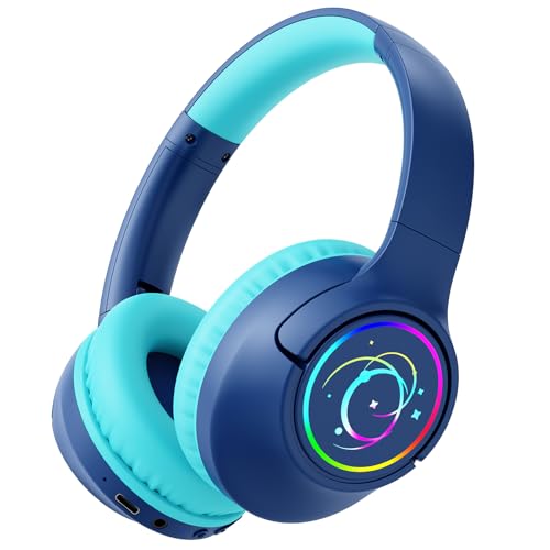 Image of Kids Bluetooth Headphones, 85H Playtime Wireless Headphones for Kids, Colorful LED Lights, 85 /94dB Safe Volume Limit, Bluetooth 5.4 Built-in Mic Toddler Headset for Tablet /Airplane (Navy Blue)