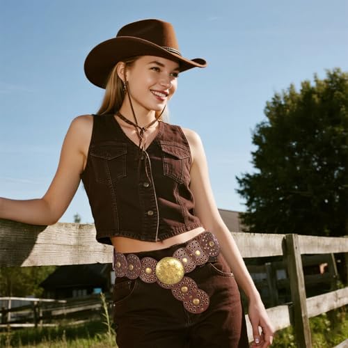 Wide Disc Belt for Women Cowboy Vintage Western Concho Leather Waist Belts Boho Disk Y2k Belt for Skirts Pants Dress2