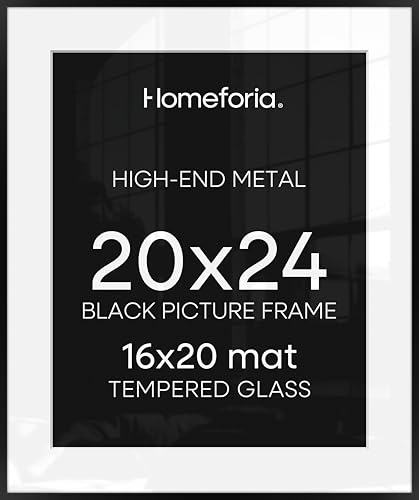 Image of Homeforia 20x24 Picture Frame Black, High End Metal 20x24 Frame Matted to 16x20 Print, 20 x 24 Black Poster Frames with Mat 16 by 20 inch Photo, 24x20 Hanging Frame, Tempered Glass, Wall Kit, Set of 3
