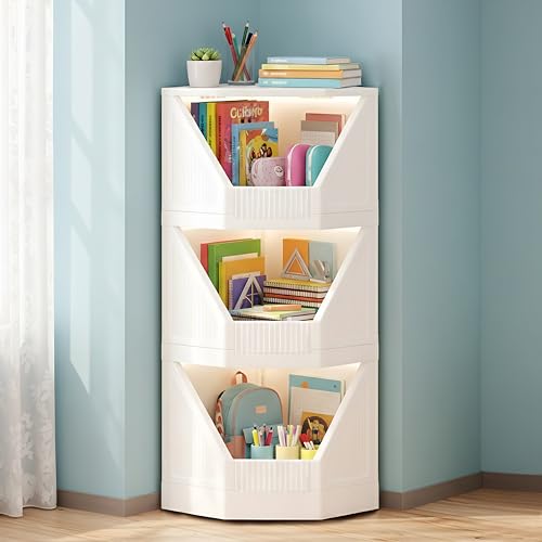 Image of HOMIFLY 3 Tier Corner Storage Cabinet /Stackable Plastic Cupboard for Storage /Foldable Wardrobe for Clothes /Toys Storage Organizer /Cabinet for Kitchen, Bathroom, Living Room (White)