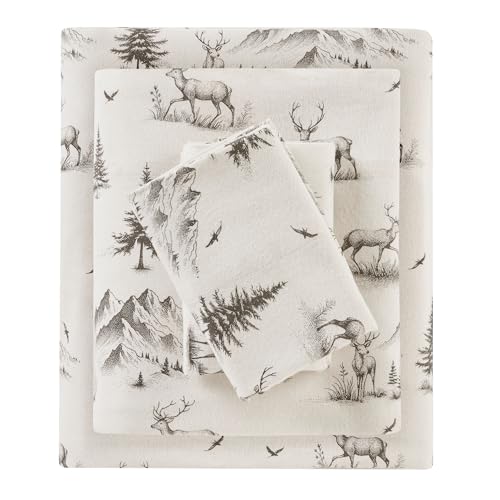 Image of Woolrich Cotton Sheet Set Cottage Charms Print, 100% Cotton Flannel Sheets Warm & Fuzzy Bedding Set Queen Size Sheets, Fitted Pocket Fits Up to 14 inch Mattress, Queen Gray Deer Toile 4 Piece