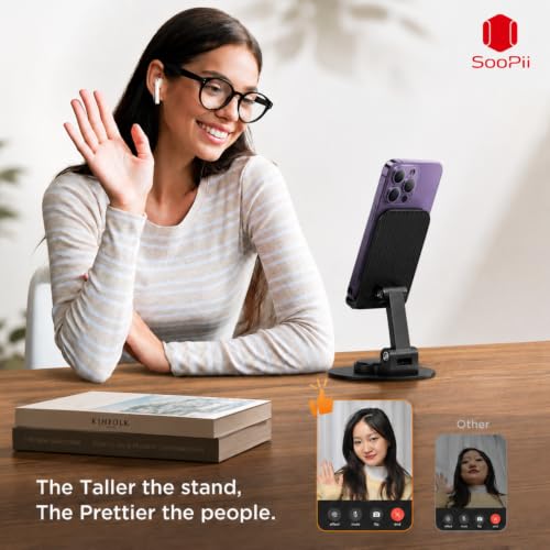 Image of Foldable Mobile Stand for Desk with 360 Rotating Base, Adjustable Phone Holder with Heavy Metal Base, Carbon Steel Desktop Stand, Anti-Slip Silicone Pads, Compatible with Smartphones up to 6.9 Inch