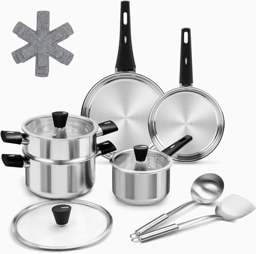 Tieplis Töpfe und Pfannen Set, 14-teiliges Edelstahl Induktions Kochtopf Set, inklusive Dämpfeinsatz & Küchenutensilien, spülmaschinensicher für alle Herdarten (Gas, Elektro, Keramik, Induktion) Tieplis Töpfe und Pfannen Set, 14-teiliges Edelstahl Induktions Kochtopf Set, inklusive Dämpfeinsatz & Küchenutensilien, spülmaschinensicher für alle Herdarten (Gas, Elektro, Keramik, Induktion)