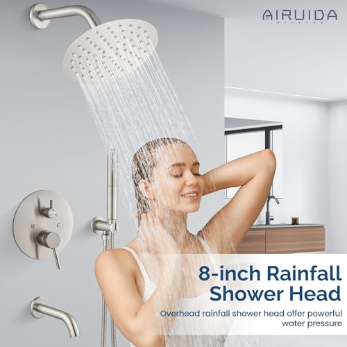 Airuida Brushed Nickel Rain Shower System Set, 8 Inch Shower Head | 3-Function Wall Mount Bathtub Faucet Set miniatura 2