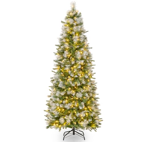 Goplus 6ft Pre-Lit Pencil Christmas Tree, Artificial Hinged Xmas Tree with 580 Flocked Frosted Tips...
