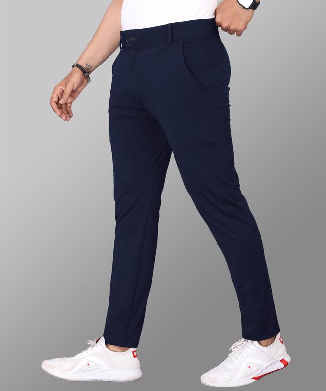 Image of MiraMichi Men's Slim Fit Stretchable Casual Mid Rise Trousers | Stylish Lycra Blend Pants for Office, Party