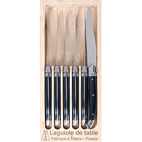 Laguiole 6 x Steak Knifes | Black Colour | Knifes Set In wooden Tray | Made In France Cover