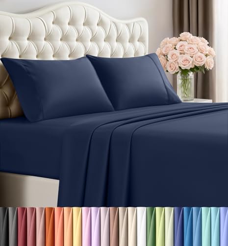 Image of Utopia Bedding Queen Size Sheet Set - 4 Piece Bed Sheets, Soft and Breathable Microfiber, Includes 1 Fitted Sheet, 1 Flat Sheet and 2 Pillowcases - Oeko Tex (Navy)