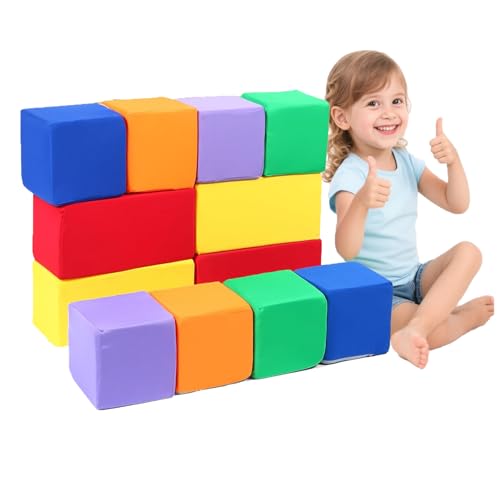 Image of Toddler Foam Buliding Blocks - 12 Piece in 2 Shapes Fabric Covered Stacking Block Sets -Soft Play Set for Kids Idea for Building and Throwing Fun-Red