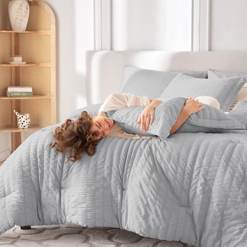 Image of MUXHOMO 7 Pieces Oversized Queen Comforter Set, Seersucker Bed in a Bag Oversized Queen Size, All Season Luxury Bedding Set with Comforter, Flat Sheet, Fitted Sheet, Pillowcases & Shams, Light Grey