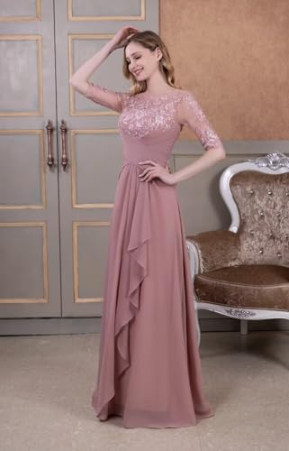 Mother of The Bride Dresses Laces Appliques 3/4 Sleeve Chiffon Ruched Formal Evening Gown for Wedding4