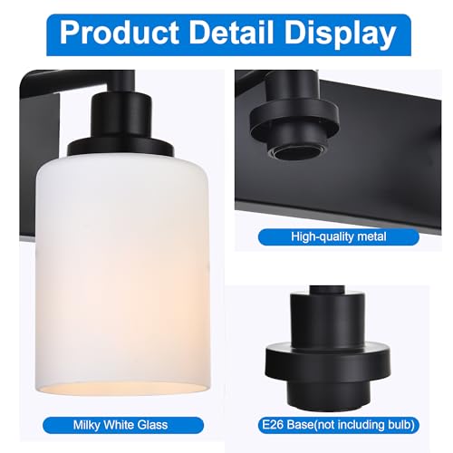 Image of MELUCEE 3-Light Black Bathroom Light Fixtures, Modern Vanity Light Over Mirror Wall Sconces with Milky White Frosted Glass Shades, Suit for Bathroom Dressing Room Laundry Room Kitchen, E26 Socket