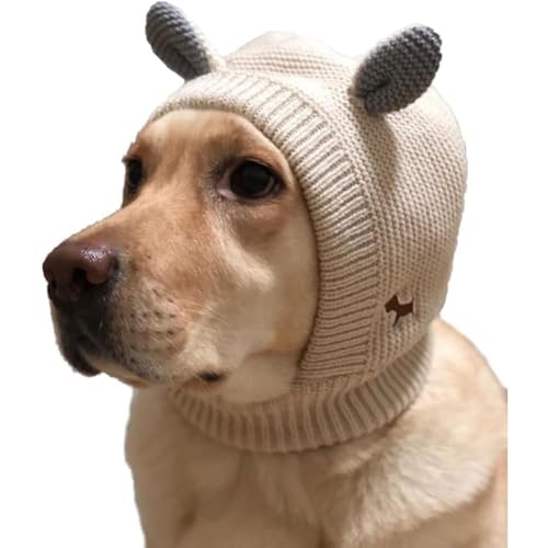 Uneeruiqy Beige Dog Knitted Hat, Dog Ear Muffs Noise Protection Quiet Ears for Dogs, Winter Ear Warmer Hat for Medium Large Dogs Cats