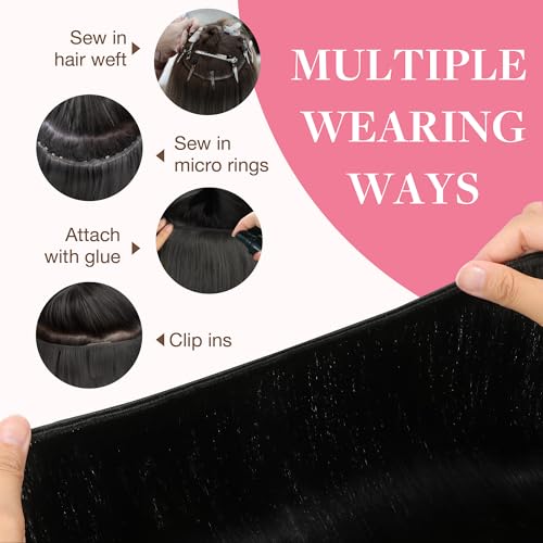 Image of GOO GOO Sew in Hair Extensions Real Human Hair, Weft Hair Extensions Human Hair, 1 Jet black 16inch 120g, Weft Bundles Straight Silky Remy Hair