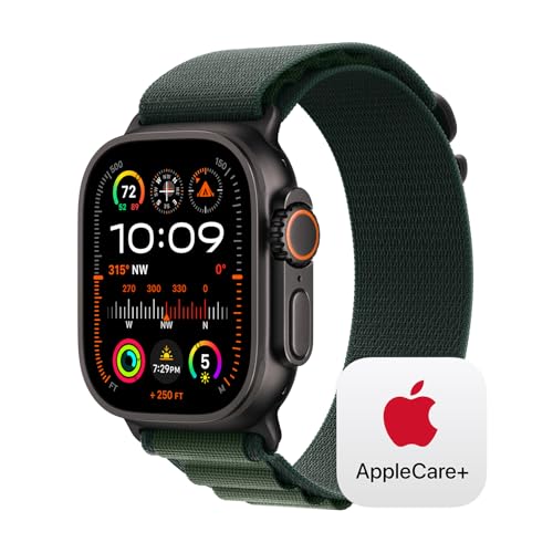 Image of Apple Watch Ultra 2 [GPS + Cellular 49mm] Smartwatch, Sport Watch with Black Titanium Case with Dark Green Alpine Loop - M. Fitness Tracker, Precision GPS, Carbon Neutral with AppleCare+ (2 Years)