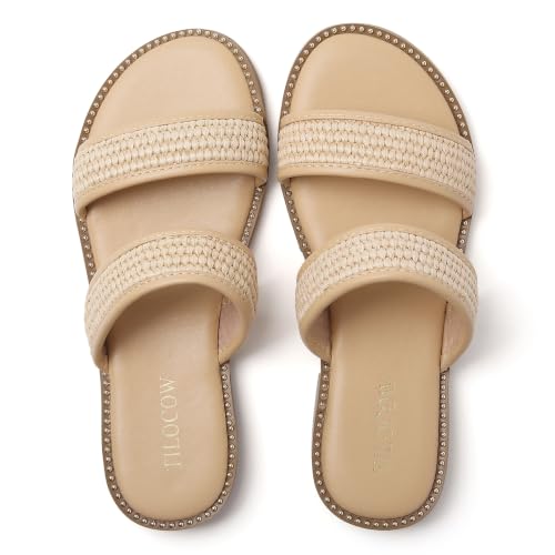 Image of Tilocow Women's Flat Sandals Two Strap Summer Dressy Studded Slide Sandals Open Toe Cute Casual Slip on Comfort Shoes for Beach Travel Daily Wear