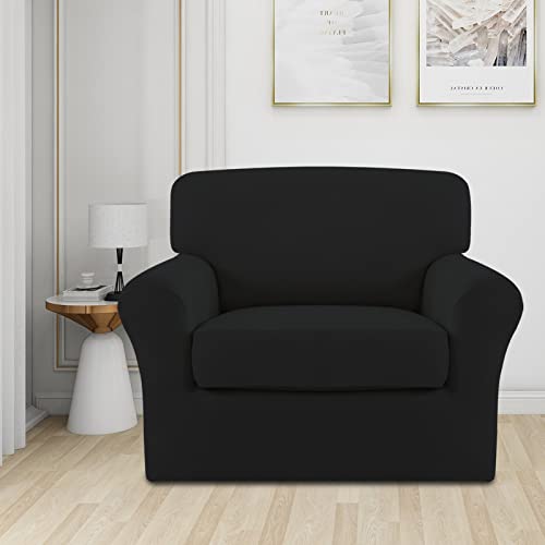 Image of Easy-Going 2 Pieces Stretch Sofa Slipcover for Armchair Washable | Spandex Soft Fitted Sofa Couch Cover for Living Room Washable Furniture Protector with Bottom Kids Pet Black
